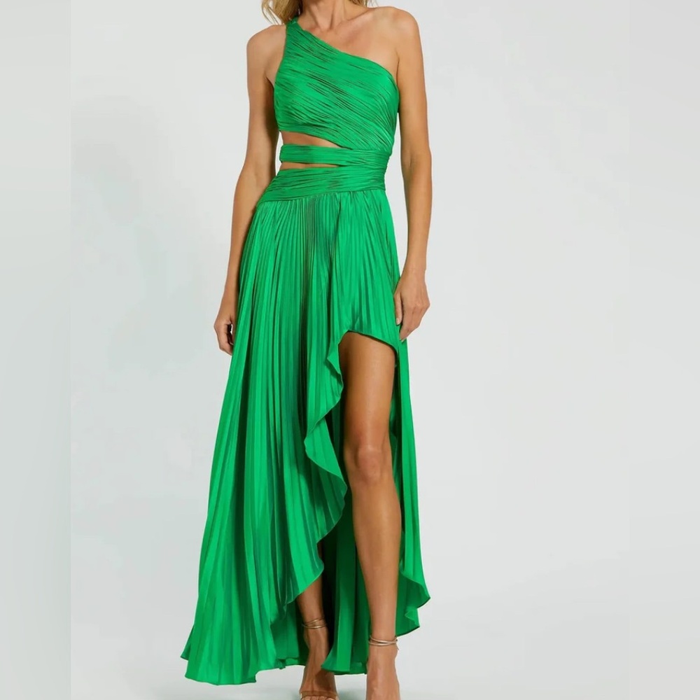 Mac Duggal Green One Shoulder Pleated Charmeuse Gown with Slit